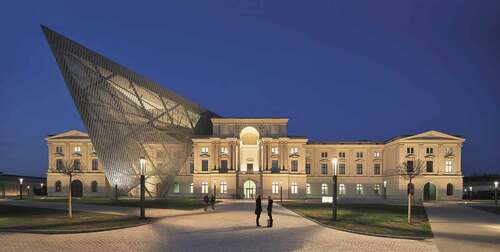 Figure 2. The Bundeswehr Museum of Military History, designed by Daniel Libeskind, showing the giant wedge violently perforating the classical building. Image: MHM / Nick Hufton.