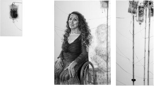 Figure 1. Black and white charcoal drawing in three panels. Nadina LaSpina sits in a wheelchair in the center of the image, looking straight at the viewer. She has long, dark, wavy hair and is wearing a skirt. To her right is a semi-transparent figure with short curly hair who is wearing a dress and touching Nadina’s hair. In the right panel are three IV poles with bags that contain small dresses and in the left panel is a singular IV bag.