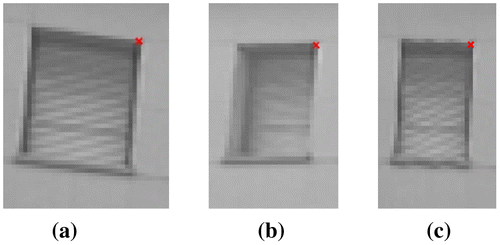 Figure 6. Details of an image region close to a feature point in the first (a) and in the second camera view (b). Image region taken from (a) remapped accordingly to the (approximate) orientation of the second camera view (c).