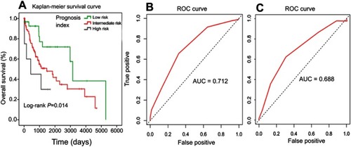 Figure 4 Kaplan–Meier curves with the log-rank test of the seven-miR signature prognosis index in the validation set (A). ROC curves of seven-miR signature prognosis index in the training set (B) and the validation set (C).Abbreviations: AUC, area under the ROC curve; miR, microRNA; ROC, receiver operating characteristic.