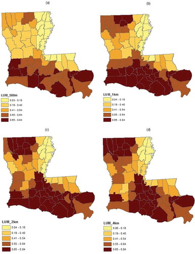 Figure 5. LUM index from different sizes of fishnet: (a) 500 m; (b) 1 km; (c) 2 km; and (d) 4 km.