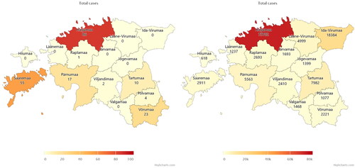 Figure 1. Total COVID-19 cases in Estonian regions. The left map shows data from 15 March 2020. The right map shows data from 17 July 2021 [Citation10].