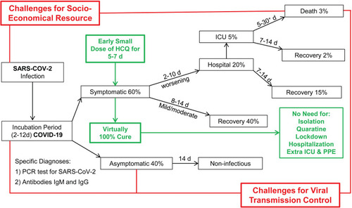 Figure 1 A hypothetic schematic regime for COVID-19 pandemic control: estimated clinical scenarios (black), socioeconomic and epidemiological challenges (red), and a potentially simple solution (green).