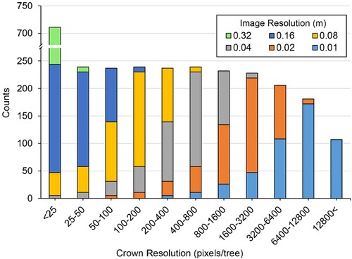 Figure 4. Crown resolution distribution of the test set for each image resolution. Except for the category of >12800 pixels/tree which was from the image with a 0.01 m resolution, other categories contained Chinese fir trees from more than two images with varying resolutions.
