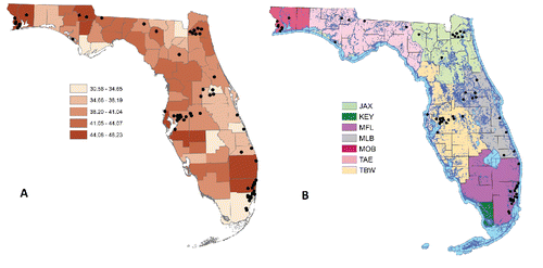 Figure 1. (a) Locations of Superfund sites in Florida with the spatial prediction for county-level hazardous ranking score (HRS). (b) Locations of surface water reservoirs and National Weather Service (NWS) regions in Florida.