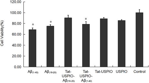 Figure 3 Histogram of toxicity test. Cell viability of untreated control cells is 100%. Aβ(1–40) or Aβ(16–20) alone was toxic as expected (n=3; p<0.001, p<0.001, respectively). There was no evidence that Tat-PTD and Aβ(16–20) coupled with USPIO have significant toxicity compared to the control group. Student-Newman-Keuls analysis showed the differences of Aβ(1–40) vs control, Aβ(1–40) vs USPIO, Aβ(1–40) vs Tat-PTD-USPIO, Aβ(1–40) vs Tat-PTD-USPIO-Aβ(16–20), Aβ(16–20) vs control, Aβ(16–20) vs Tat-PTD-USPIO, Aβ(16–20) vs Tat-PTD-USPIO-Aβ(16–20), Tat-PTD-USPIO-Aβ(1–40) vs control and USPIO vs control were all significant (n=3; all p<0.05). Tat-PTD-USPIO-Aβ(16–20) vs control and Tat-PTD-USPIO vs control had no statistical difference. *p<0.05.