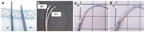 Figure 1. The large-cell Niti-S slim-delivery stent (6 Fr) and the conventional large-cell Niti-S stent (8 Fr). (a) The new slim-delivery Niti-S stent is thinner than the conventional large-cell Niti-S stent. (b) The new slim-delivery Niti-S stent has better trackability for a guidewire than the conventional large-cell Niti-S stent. (c, d) The 6 Fr delivery system has a smaller step between the delivery system and 0.025 guidewire than the 8 Fr delivery system.