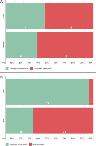 Figure 1 Stacked bar histograms illustrating the following: (A) patient demographics and aneurysmal hemodynamic status, and (B) morpho-radiological characteristics of the patient under investigation.