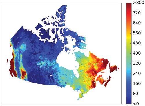 Figure 6. The spatial variations of annual water yield (mm) averaged over Canada’s landmass, 1979–2016