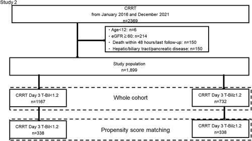 Figure 3. Patient flowchart for Phase 2.After applying the exclusion criteria, the remaining 1,899 patients were classified based on the T-Bil cutoff of 1.2 mg/dL on day 3 after CRRT. After matching, 354 pairs were examined.CRRT, continuous renal replacement therapy; T-Bil, total bilirubin