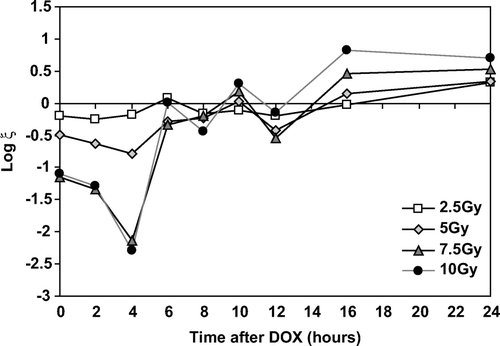 Figure 7.  The expression of additional killing beyond additive, ξ, by sequential exposure to DOX and XR as a function of time for four XR doses.