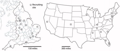 Figure 1. Recruiting sites for QUIET-1 in England (left-hand panel) and for CLARITY-1 in the US (right-hand panel).