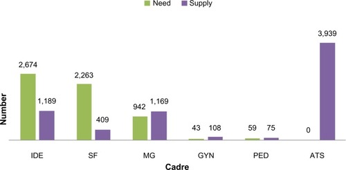 Figure 4 Needs and supply of HRH in Guinea per cadre (2014).