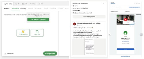Figure 5. Left: Quillbot allows individuals to paste text and have it rewritten, in a ‘more scholarly way’. It offers a premium service for 100 USD a year. Centre: Quillbot advertising on Meta services with a ‘smart start’ feature to ‘create an outline’ that is AI generated, allowing you to write essays in ‘under an hour’. Source: (Meta Ads Library https://www.facebook.com/ads/library/?id=169125769545892 accessed 4 September 2023). Right: Quillbot advertising on Google services as an ‘article rewriter’. Source: (Google Ads Transparency Center, <https://adstransparency.google.com/advertiser/AR15286630488773492737/creative/CR18265641898590863361?region=GB> accessed 4 September 2023).