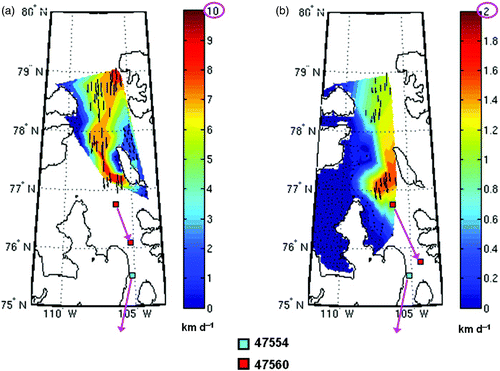 Fig. 12 RADARSAT-derived sea-ice motion from imagery acquired in November and December 2010: a) 1 to 6 November, the week which experienced the last significant wind-driven influx event of the season; and b) 1 November to 13 December, the month spanning the final freeze-up and formation of fast ice in the QEI which experiences a significant slow-down and finally a cessation in ice motion. Note the difference in the magnitudes of the velocity scales of the two panels.