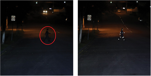 Figure 3. Images of a pedestrian walking rightwards across a suburban street wearing either black clothing (highlighted by a red circle, left) or retro-reflective strips in the biomotion configuration (right).