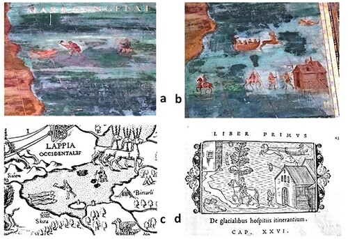 Fig. 5. Details of the pictograms from the upper part of the Gronlandia mural map in the west wing of the Terza loggia at the Vatican Apostolic Palace, showing Arctic peoples engaged in activities during winter conditions: a) ice fishing; b) hostelry and winter activities on ice; the figures are comparable to those on c) the 1539 Carta Marina and d) the vignette in Olaus Magnus’s Historia de gentibus septentrionalibus (Magnus Citation1555, Book I, Chapter 26) (Photos: Arvo A. Peltonen, 7 October 2016) (Courtesy of the Segreteria di Stato della Santa Sede and I Musei Vaticani, Uppsala University Library, and the National Library of Finland, A.E. Nordenskiöld Collection)