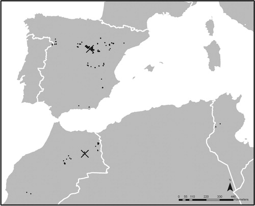 Figure 1. Geographic origins of Dupont’s Lark samples in Spain, Morocco and Tunisia during the period 1986–2013. Black dots indicate capture sites, black crosses mark Spanish and Moroccan population centroids based on geographic coordinates of capture points. For a global distribution map of the species, see de Juana and Suárez (Citation2016). For a more detailed distribution in Spain see Suárez (Citation2010) and, in Morocco, García et al. (Citation2008b).