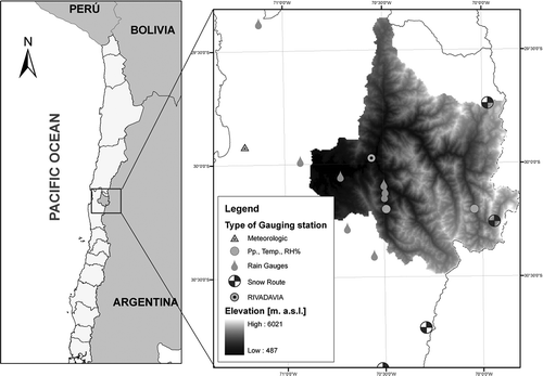 Fig. 1 General location of the Puclaro basin (left) and gauging stations with registers of more than 30 years (right) used in this study.
