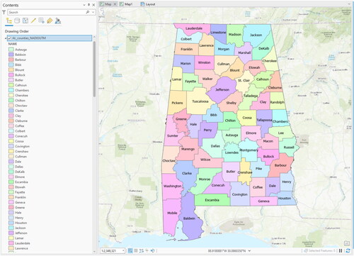 Figure 49. The result of turning the labels on for the AL_counties_NAD83UTM layer.