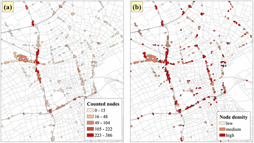 Figure 8. Level of complexity of transportation infrastructure elements for the center area of Shanghai, with (a) counted road network nodes and (b) calculated node density.