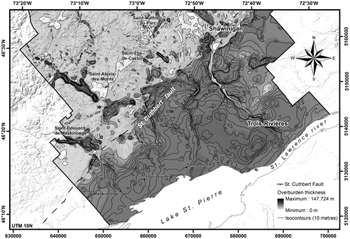 Figure 4. Total thickness of Quaternary deposits. The thickest deposits, reaching 150 m, are in the western part of the City of Trois-Rivières.
