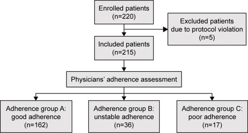 Figure 1 Flowchart of the process of patients’ inclusion and categorization into adherence groups A, B, and C (good, unstable, or poor adherence, respectively), based on physicians’ adherence assessment.