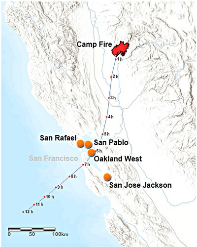 Figure 1. Locations of passive PM samplers and November 2018 Camp Fire. Map was generated using ArcGIS Online (ESRI, Redlands, USA) and wildfire perimeter data (CAL FIRE Citation2019). Also shown is a typical HYSPLIT, 12 h wind trajectory during the smoke episode, generated for 8 November, 2018 (NOAA, 2020).