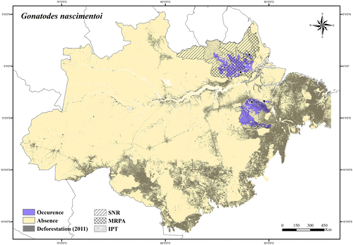 Figure 93. Occurrence area and records of Gonatodes nascimentoi, showing the overlap with protected and deforested areas.