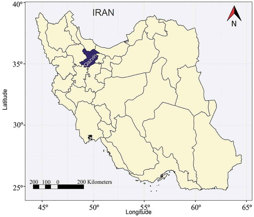 Figure 1. Schematic map of Iran with collection sites for 25 grapevine accessions from Qazvin province. This map was produced using the ggplot2 package in R environment