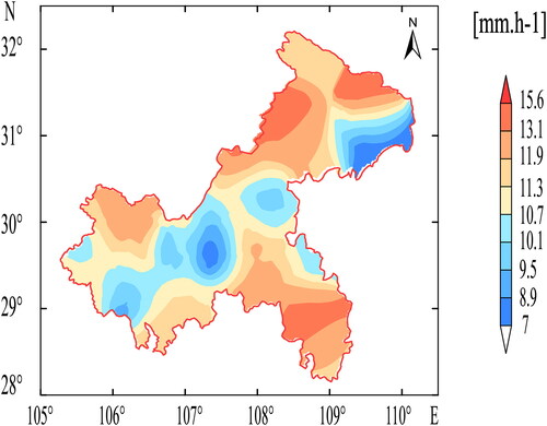 Figure 3. Spatial distribution of hourly extreme precipitation thresholds at the 99.7th percentile in Chongqing.