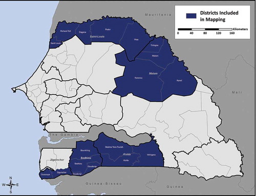 Figure 2. Map of Senegal, showing the 17 districts mapped for trachoma in 2014.