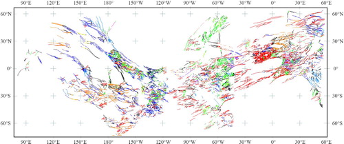 Figure 6. Identification of the 23 main systems associated to super-systems shown in Figure 4. Colour-coded legend is reported in Figure 5; black lines represent unclassified groove elements.