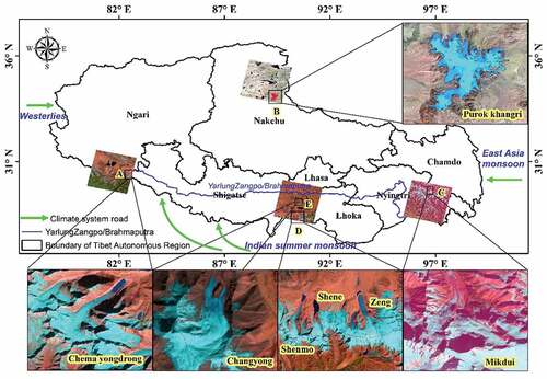 Figure 1. The locations of the seven typical glaciers on the Tibetan Plateau that were selected for this study.