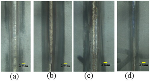 Figure 2. Top surface appearance of weld bead at heat input of (a) 200 J/mm, (b) 190 J/mm, (c) 181 J/mm, and (d) 140 J/mm.