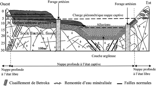 Fig. 3 Coupe Ouest–Est du système hydrogéologique (cas où la nappe de socle est artésienne dans la plaine alluviale).