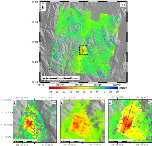 Figure 7. Deformation rate map of 1# deformation area obtained by InSAR technology in each time series. (a) results of DS-InSAR, (b) results of PS-InSAR in Area 1#, (c) results of SBAS-InSAR in Area 1#, and (d) results of DS-InSAR in Area 1#.