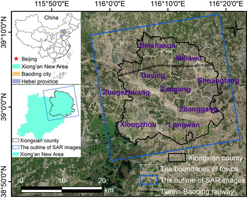 Figure 1. Location of Xiongxian county (outlined in black). The blue rectangle represents the outline of SAR images.