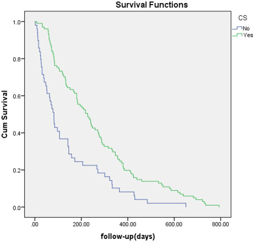Figure 3 Kaplan-Meier analysis of survival between patients with or without clinical success. Cumulative survival rates were significantly higher in patients with CS (green line) (P = 0.000).