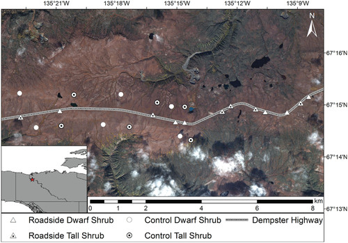 FIGURE 1. Quickbird (2008) satellite image of the study area showing sites along the Dempster Highway classified by disturbance and vegetation type. Inset map at bottom left shows the position of the study area in northwestern Canada (red star).