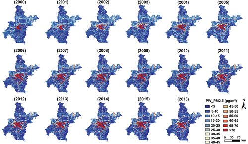 Figure 2. Spatial patterns of annual PM2.5 exposure (PW_PM2.5) across Wuhan from 2000 to 2016.