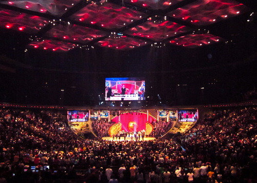 FIG 6. Auditorium and stage brightly illuminated in red colours during praise phase of the worship service. Photo by the author, 2012.