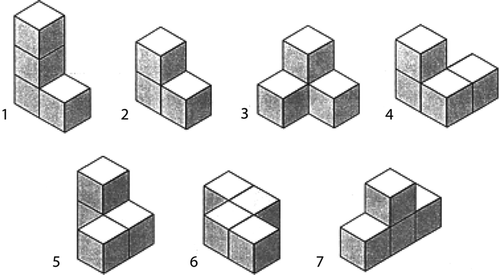 FIGURE 4 Arrangements of three and four cubes used to construct the Soma cube (CitationYoungs & Pauls, 1999, p. 67).
