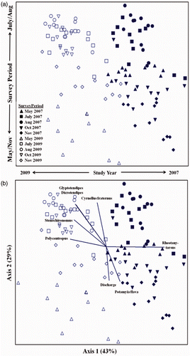 Figure 4. NMS ordination of macroinvertebrate assemblages from the Upper Mississippi River at the RIV Generating Station in Minneapolis, MN. (a) Illustrates seasonal and annual groupings among five survey periods in 2007 and 2009. (b) Same ordination but includes vectors for taxa (r 2>0.37) and mean river discharge during surveys.