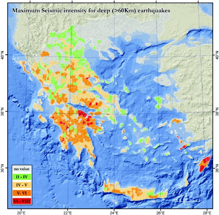 Figure 4. Maximum intensities map of Greece, deep events (depth ≥ 60 km).