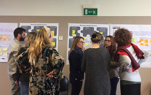 Figure 5. IdeaLab canvas model development and mentoring session in Coimbra, Centro region, Portugal, Spring 2018 (researchers and organizational participants pictured). Source: K. S. Alves (used with permission).