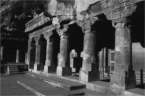 Figure 33. Ajanta Cave 1 Façade, Exterior, From right. ca. 462–80. Rock-cut stone. Gupta period, Vakataka dynasty, India. © Asian Art Archives, University of Michigan.