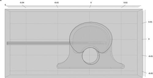 Figure 1. Model geometry used to simulate ablation with a dMWA device in the vertebral body of a 45 kg pig.