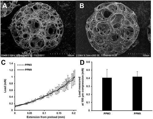 Figure 6. SEM images of (A) PPM3 and (B) PPM9 prepared using 30 kDa and 100 kDa PLGA, respectively, (C) load profiles and (D) load value at 100 μm compression obtained from a single PPM.