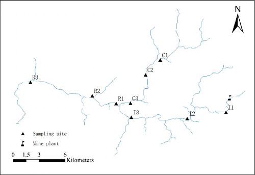 Figure 1. Locations of the abandoned pyrite mines and the sampling sites.